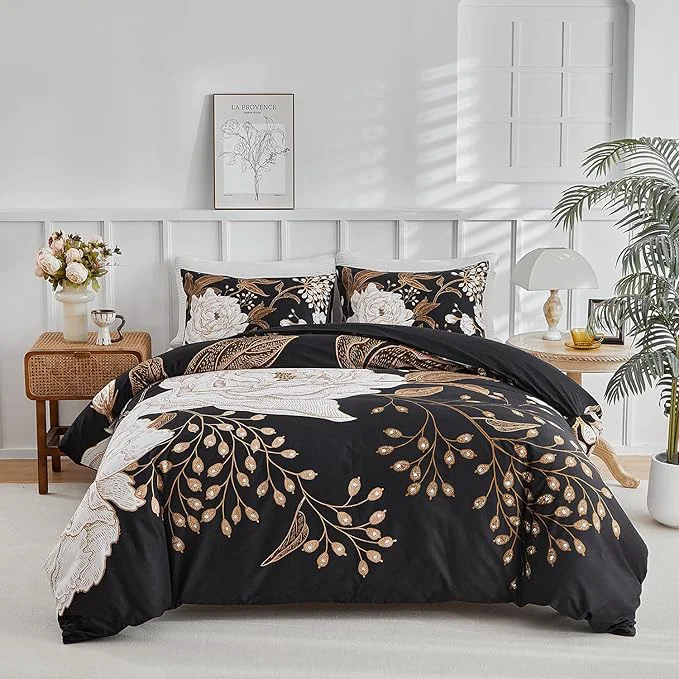Smart mixinni Black Floral Duvet Cover Full Size 3 Pieces Garden Style Botanical Flowers Leaves Bedding Set Soft Cotton Reversible Farmhouse Boho Duvet Cover and 2 Pillowcases for All Season-Full Size Artisan