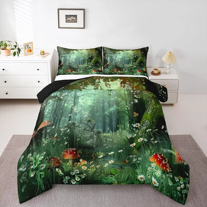 Solid Erosebridal al Comforter Set King Size Mushroom Bedding Set for Girls Women Kids Teens Daisy Leaves Branches Sunset Nature Duvet Insert Cute Style Soft Warm Quilted Duvet Bedroom Decor Green Traditional