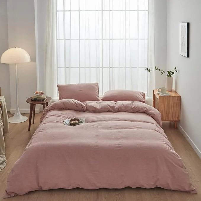 Versatile FACE TWO FACE Bedding Duvet Cover Set Washed Cotton Duvet Cover Linen Like Textured Breathable Durable Soft Comfy Twin Old Pink Reusable