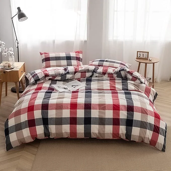 Efficient FACE TWO FACE Bedding Duvet Cover Set Washed Cotton Duvet Cover Linen Like Textured Breathable Durable Soft Comfy California King Blue red Grid Unique