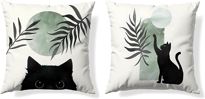 Enhanced Sage Green Cat Throw Pillow Covers 18x18 Set of 2 for Cat Lovers Boho Black Cat Pillowcases Aesthetic Green and Black Decor for Dorm Bedroom Office High-End