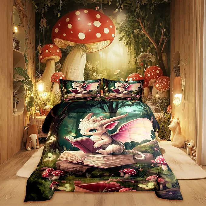 Pure al Dragon Wildlife Comforter Set Queen Size Childlike Fairy Tale Bedding Set Kids Bedroom Decor Cute Jungle Mushroom All Season Quilt Set Sparkling Butterfly Bedding Comforter Sets 3Pcs Powerful