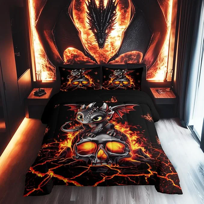Verified Castle Fairy Cartoon Dragon Bedding Set Full Size Black Skull Flame Crack Comforter for Child Toddler Teens Lovely Halloween Dragon Down Comforter Neon Red Butterfly Duvet Insert with 2 Pillowcases Reusable