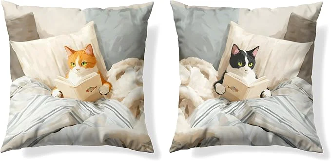 World-Class Funny Cat Reader Book Throw Pillow Cover 18 x 18 Set of 2 Gifts for Book Lovers Reading Nook Corner Decor Preppy Floral Black Orange Tabby Tuxedo Cats Bookish Pillowcase（02） Pure