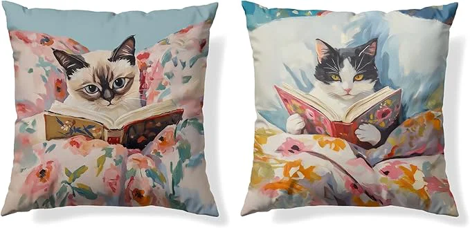 Effective Funny Cat Reader Book Pillow Cover 18 x 18 Set of 2 Reading Nook Corner Decor Gifts for Book Lovers Preppy Floral Black White Cats Bookish Pillowcase（02） Detailed