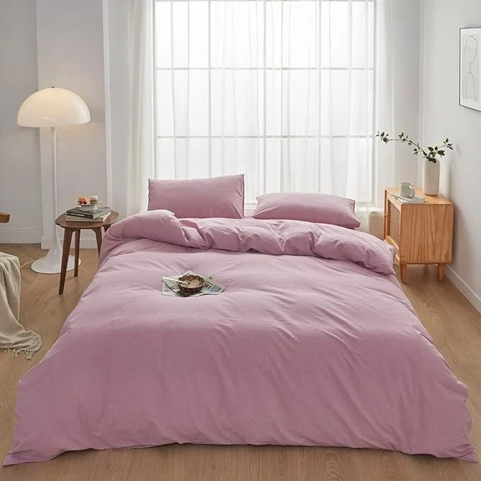 Exceptional FACE TWO FACE Bedding Duvet Cover Set 3 Pieces Washed Cotton Duvet Cover Linen Like Textured Breathable Durable Soft Comfy King Pink Purple. Quality