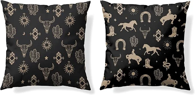 Luxury Boho Western Cow Bull Longhorn Skull Pillow Cover 18 x 18 Set of 2 with Bohemian Aztec Pillow Cover Westen Cow Skull Bedroom Decor Cows Decorations for Home Breathable