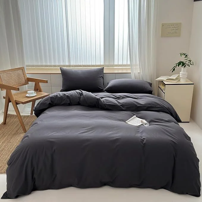 Detailed FACE TWO FACE Bedding Duvet Cover Set Washed Cotton Duvet Cover Linen Like Textured Breathable Durable Soft Comfy Queen Volcanic Black Eco-Friendly