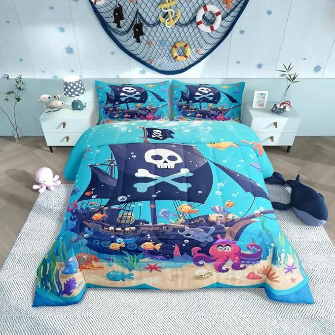 Recyclable Castle Fairy Cartoon Pirate Boat Comforter Set Full Size Cute Octopus Ocean Fish Bedding Set Bedroom Decor Funny Undersea World Quilt Set for Kids Boys Girls Watercolor Seaweed Duvet Insert 3Pcs Exclusive