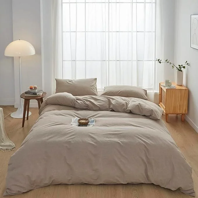 Clean FACE TWO FACE Bedding Duvet Cover Set Washed Cotton Duvet Cover Linen Like Textured Breathable Durable Soft Comfy Queen Khaki Casual