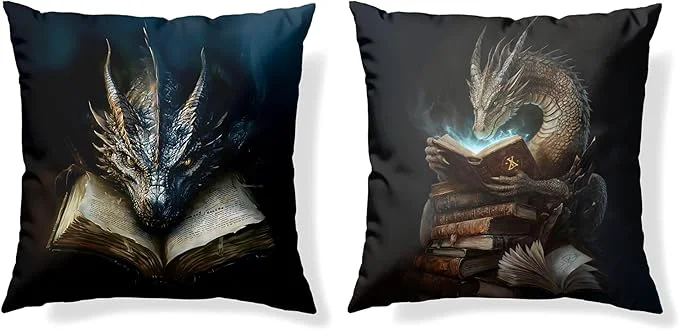 Lightweight Vintage al Black Dragon Reading Book Decorative Throw Pillow Covers 18x18 Set of 2 Fantasy Room Decor for Kids Gamers and Bookworms Reading Nook Decor Gifts for Bookworm Readers First-Class