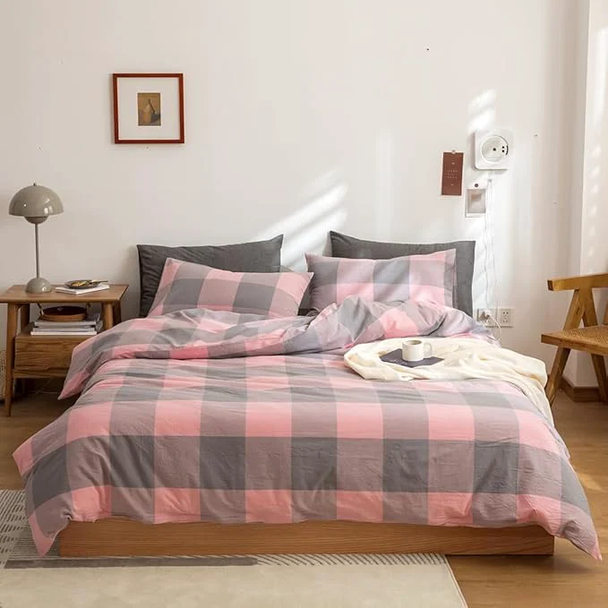 Professional FACE TWO FACE Bedding Duvet Cover Set Washed Cotton Duvet Cover Linen Like Textured Breathable Durable Soft Comfy Twin Grey Powder Grid High-Performance