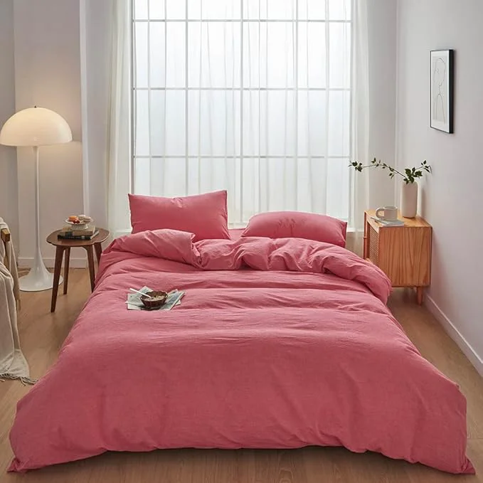 Modern FACE TWO FACE Bedding Duvet Cover Set Washed Cotton Duvet Cover Linen Like Textured Breathable Durable Soft Comfy Twin Red High-Performance