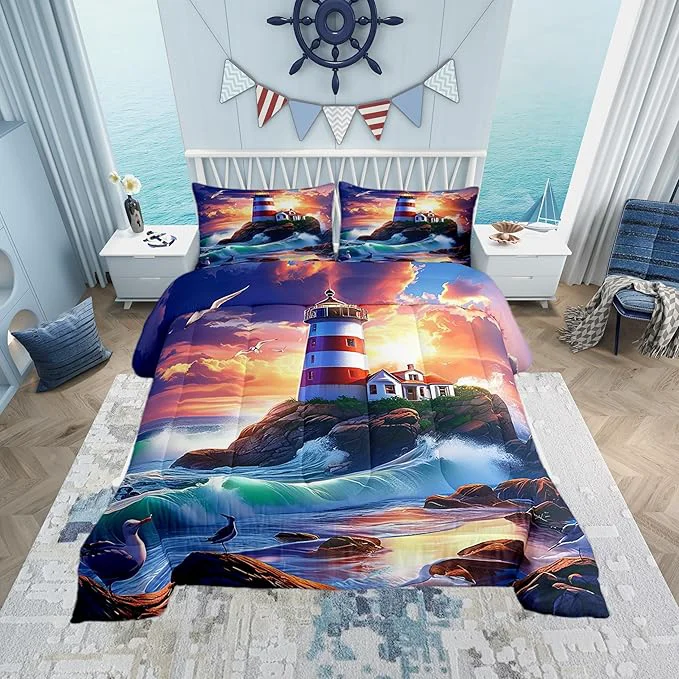Excellent Castle Fairy 3D Lighthouse Comforter Set King Size Dreamy Sunset Sky Bedding Set Toddler Bedroom Decor Natural Coastal Scenery All Season Quilt Set Ocean Wave Bedding Comforter Sets 3Pcs Genuine
