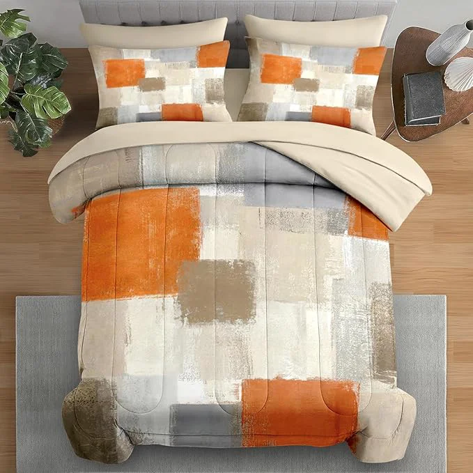 Unique Comforter Set Queen Size Beige Grey Abstract Painting 7 Pcs Bedding for Kids and Adults Orange Gray Contemporary Bed Sheet Sets with Fitted Sheet 2 Pillowcase amp 2 Sham for Bedroom Bed Decor Traditional