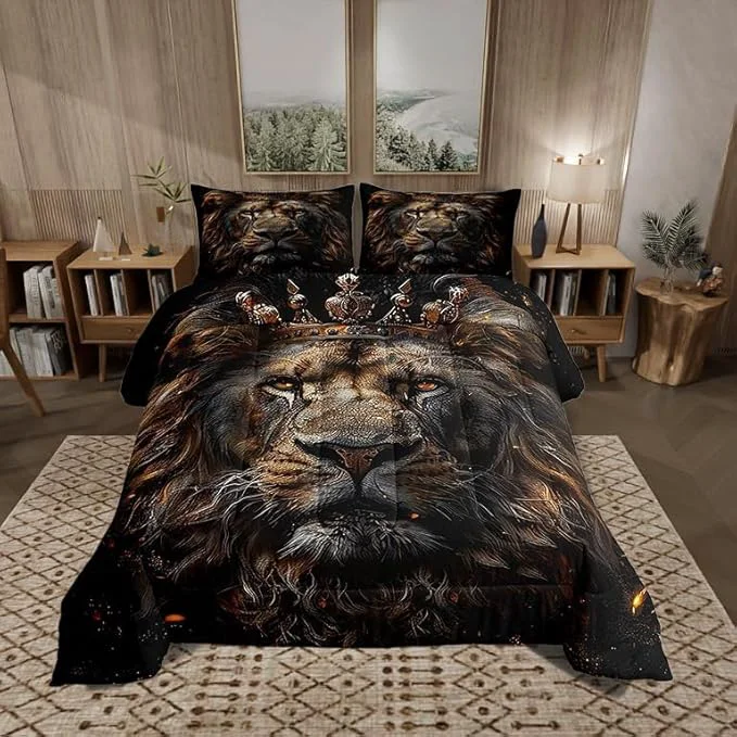 Smart Castle Fairy 3D Lion Comforter Set King Size Wild African Animal Bedding Set Bedroom Decor Golden Glitter Crown Quilt Set Comfortable Breathable Luxury Black Duvet Insert with 2 Pillowcases 3 Pcs Pure