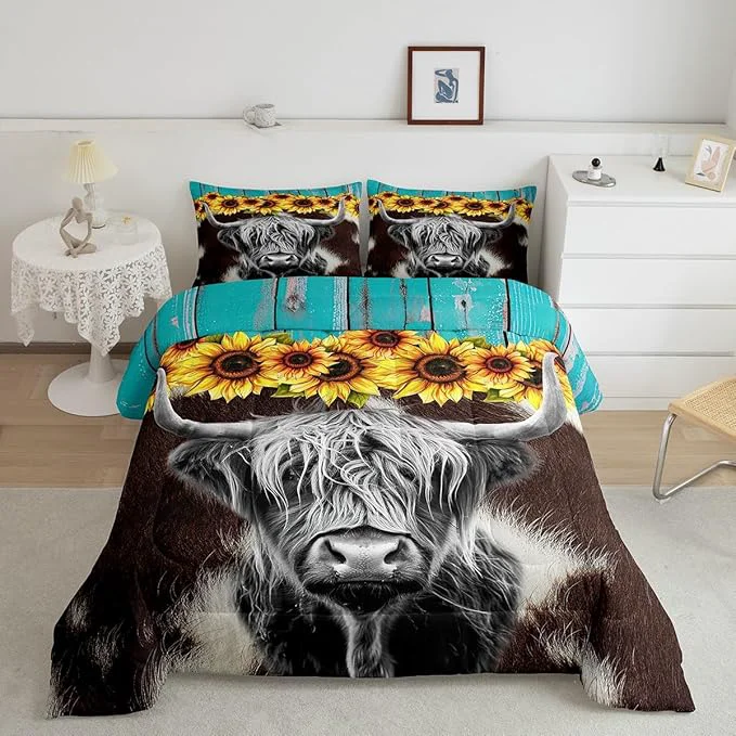 Expertly Made Highland Cow Comforter Set Twin Size Not Cowhide Print Bedding Sets Sunflower Floral Duvet Insert Cow Fur Print Down Comforter Rustic Blue Wooden Barn Door Quilt Funny Farm Animals Quilt Lightweight