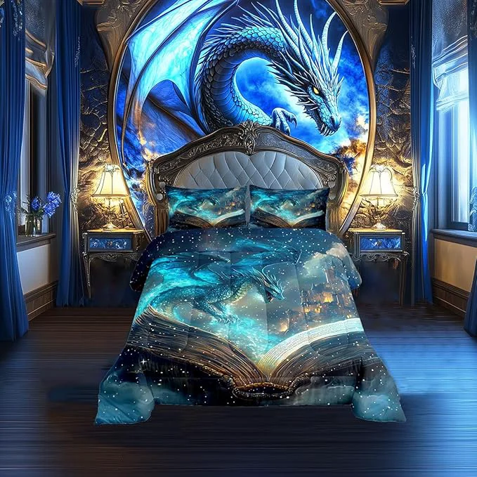 Durable Flying Dragon Comforter Set Full Size al Book Pattern Bedding Set Bedroom Decor Vintage Mid-Century Castle Quilt Set Comfortable Breathable Neon Burning Flame Duvet Insert 3Pcs Environmentally Friendly