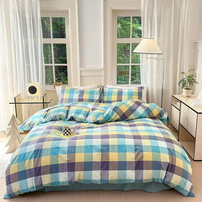 Eco-Friendly FACE TWO FACE Bedding Duvet Cover Set Washed Cotton Duvet Cover Linen Like Textured Breathable Durable Soft Comfy Queen Yunxi Blue Sophisticated