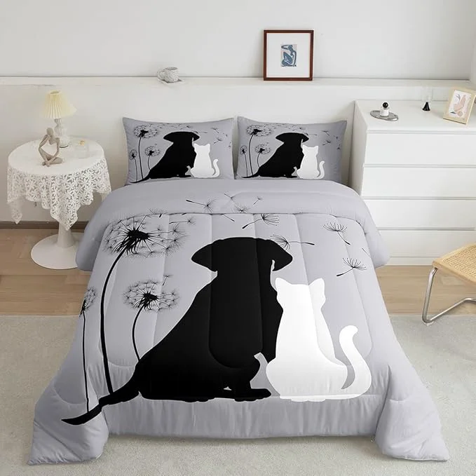 Fast Cute Cat Dog Bedding Sets Twin Kawaii Puppy Kitten Couple Comforter Set for Girls Boys Kids Teens Dandelion Botanical Flowers Duvet Set Cartoon Pet Animals Quilted Comforter with 2 Pillow Covers Lightweight