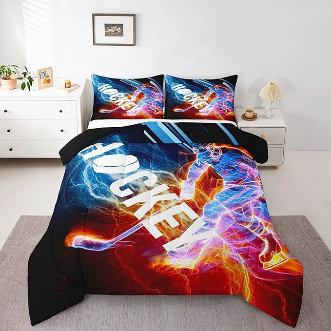 Original Ice Hockey Comforter Set King Puck Hockey Player Bedding Sets for Kids Boys Girls Teens Red Blue Lightening Duvet Insert Winter Sports Game Down Comforter Bedroom Decor for All Season 3 Pieces Verified
