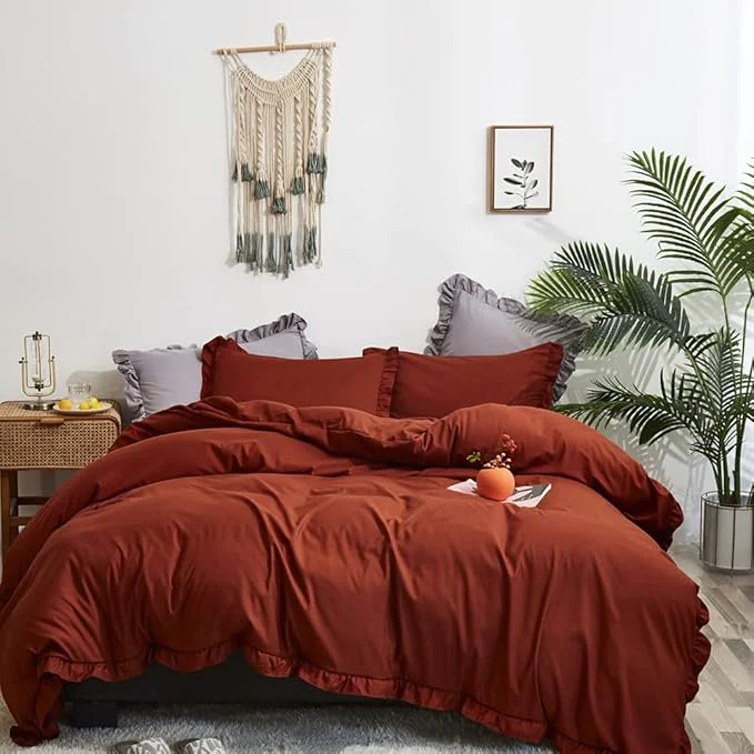 Crafted CLOTHKNOW Terracotta Ruffles Full Size Comforter Set 3Pcs Rust Farmhouse Bedding Comforter Sets Burnt Orange Comforter Soft Shabby Chic Comforter Vintage Rustic Bedding Sets Clean