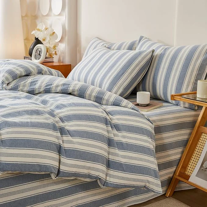 Reusable Blue Striped Duvet Cover Set Twin XL Washed Cotton Chic Stripes Pattern Printed Bedding Set 3 Pieces Soft Breathable Duvet Cover Farmhouse Retro Striped Comforter Cover with Zipper Closure Healthy