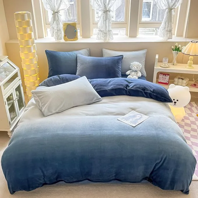 Safe CLOTHKNOW Blue White Queen Comforter Set Velvet Bedding Comforter Sets Soft Blue Gradient Queen Comforter with 2 x Pillow Cases Pure