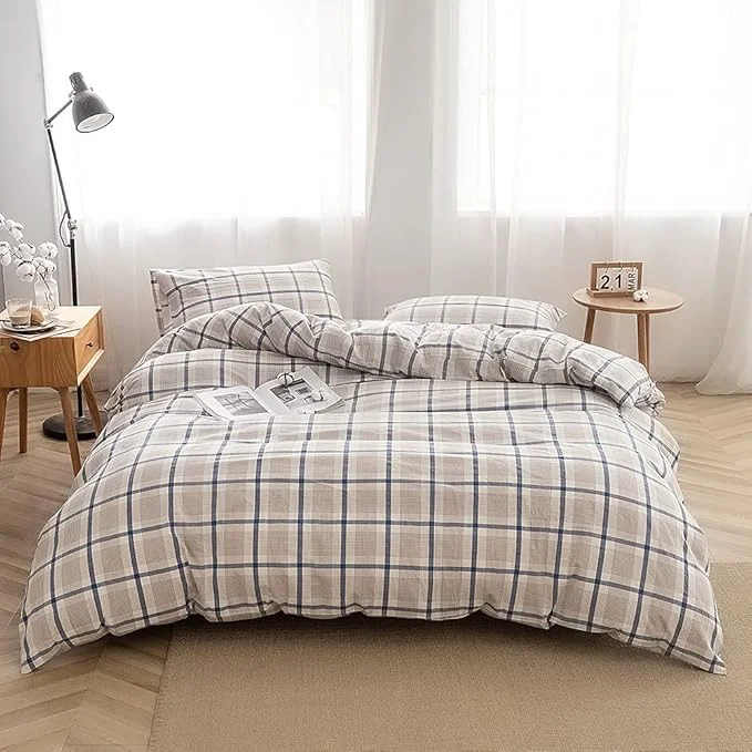Expertly Made FACE TWO FACE Bedding Duvet Cover Set Washed Cotton Duvet Cover Linen Like Textured Breathable Durable Soft Comfy Queen Blue Grid Fine