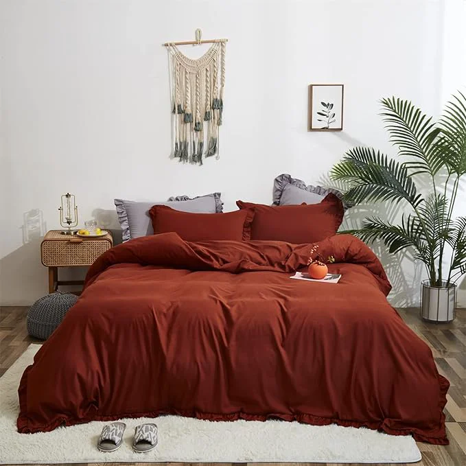 Convenient CLOTHKNOW Burnt Orange King Size Comforter Set Ruffle Bedding Comforter Sets Shabby Chic Vintage Rustic Comforter with 2 x Pillow Cases Prestigious