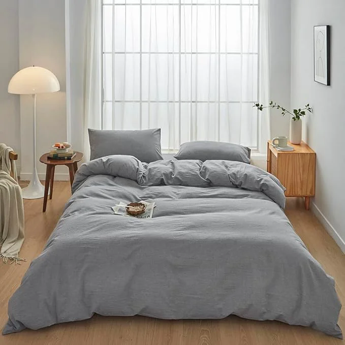 Premium FACE TWO FACE Bedding Duvet Cover Set Washed Cotton Duvet Cover Linen Like Textured Breathable Durable Soft Comfy California King Light Grey Flexible