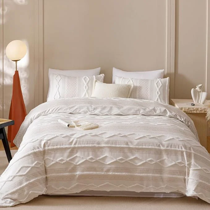 High-Performance CLOTHKNOW Ivory Bohemian King Size Comforter Set 3Pcs Clipped Jacquard Bedding Sets Farmhouse Stripes Comforter White Khaki Comforter Soft with 2 x Pillowcases First-Class