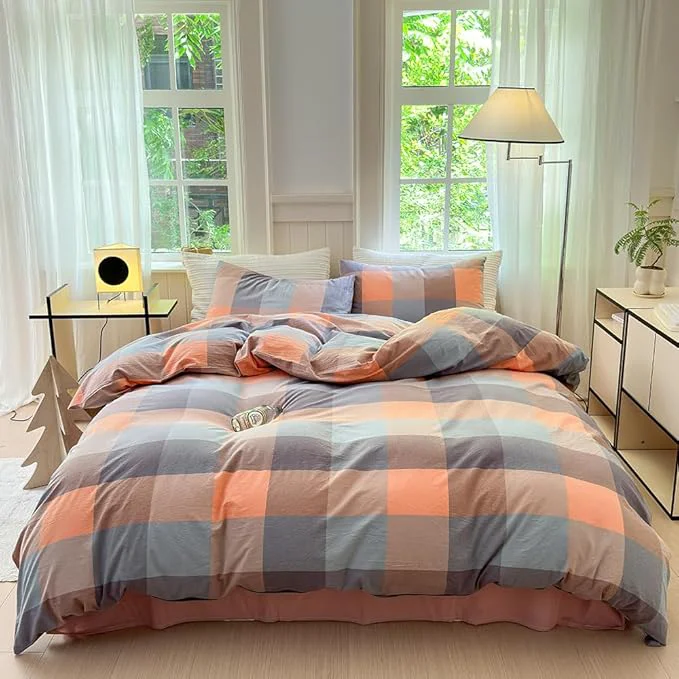 Artisan FACE TWO FACE Bedding Duvet Cover Set Washed Cotton Duvet Cover Linen Like Textured Breathable Durable Soft Comfy Twin Cookie Powder Grid High-Performance