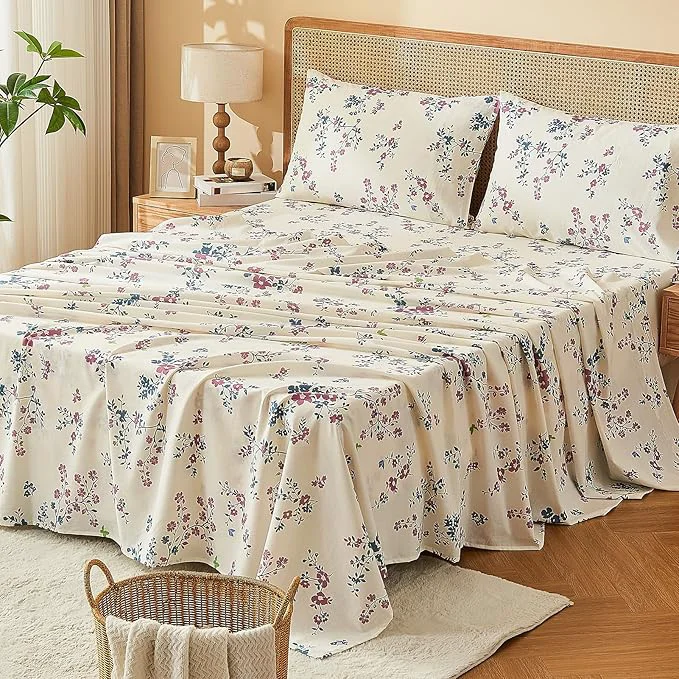 High-Quality Bedlifes French Linen Sheets King Size – Floral Printed Botanical Pattern Breathable Cooling Sheet Set 16 quot Deep Pocket 4-Piece King Floral Red Quality