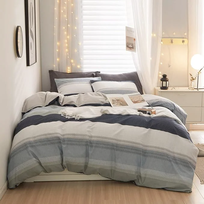 Artisan LifeTB Cotton Boy Stripe Duvet Cover Twin White Blue Gray Stripe Comforter Cover Modern Soft Geometric Stripe Bedding Set Simple Style Men Adults Duvet Quilt Cover with 2 Pillowcases Unique