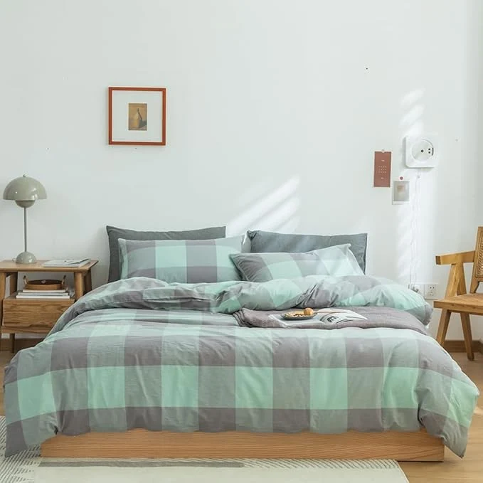 Easy-to-Use FACE TWO FACE Bedding Duvet Cover Set Washed Cotton Duvet Cover Linen Like Textured Breathable Durable Soft Comfy Twin Light Green Grid Long-Lasting