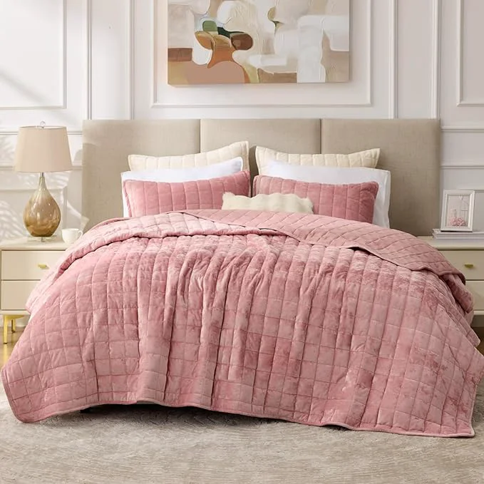 Reliable BEDELITE Velvet Quilt Set Queen Size - Luxury Velvet Comforter Bedding Set 3 Pieces Lightweight Soft Cozy Rose Pink Oversized Bedspread Coverlet for All Seasons with 2 Pillow Shams Elite
