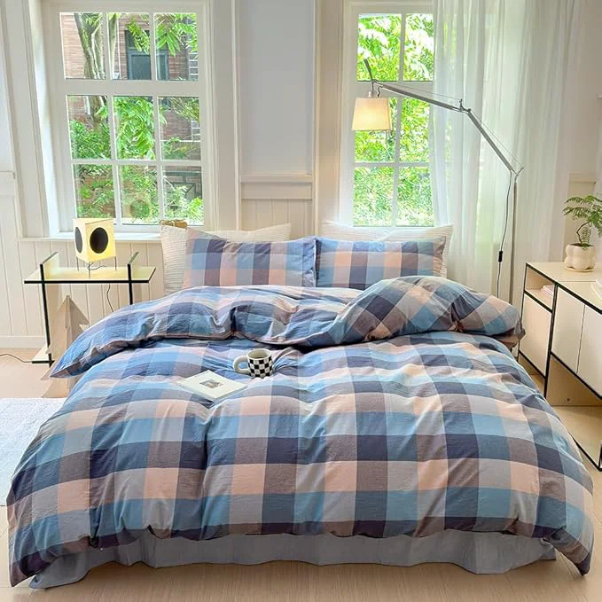 Practical FACE TWO FACE Bedding Duvet Cover Set Washed Cotton Duvet Cover Linen Like Textured Breathable Durable Soft Comfy Queen Cardamom Blue Grid User-Friendly