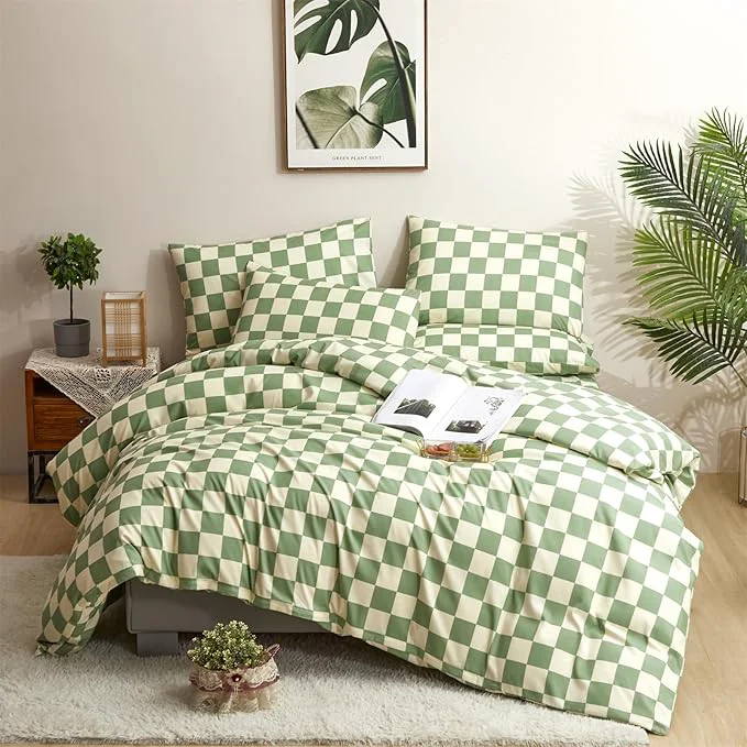 Functional CLOTHKNOW Green White Plaid Comforter Set California King Grid Bedding Comforter Sets Checker Comforter with 2 x Pillow Cases Comfortable