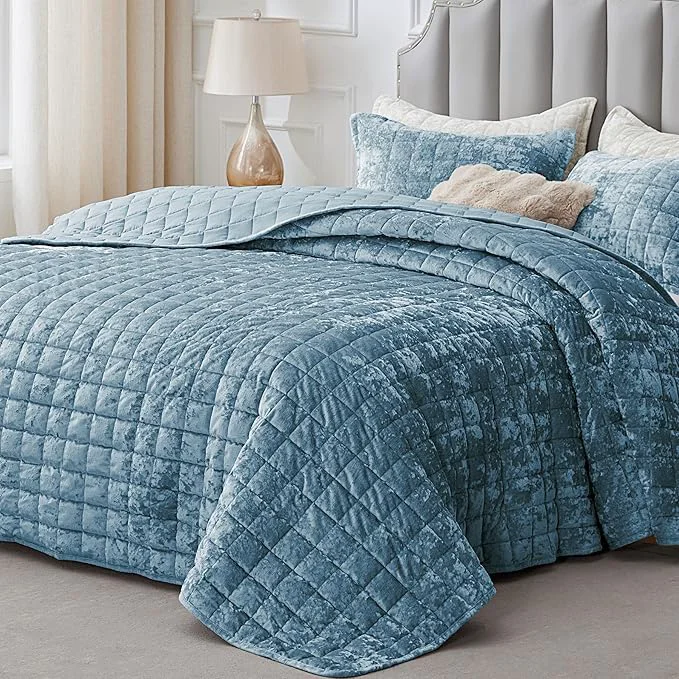 Professional BEDELITE Velvet Quilt Set Queen Size - Luxury Velvet Comforter Bedding Set 3 Pieces Lightweight Soft Cozy Shiny Dusty Blue Oversized Bedspread Coverlet for All Seasons with 2 Pillow Shams Crafted