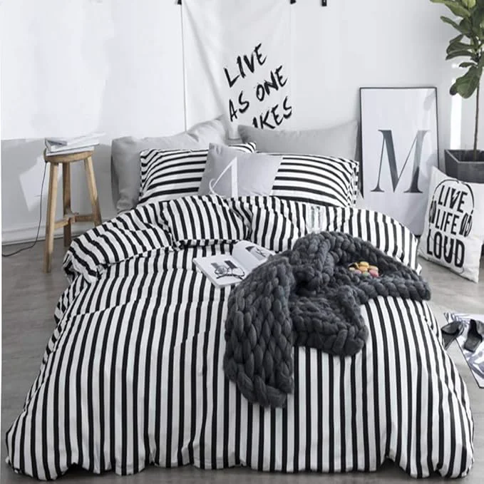 High-Grade CLOTHKNOW Striped King Size Comforter Set Black and White Bedding Comforter Sets Soft Farmhouse Ticking Comforter with 2 x Pillow Cases First-Class