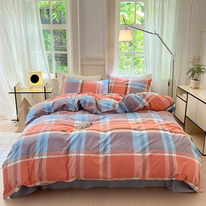 Eco-Friendly FACE TWO FACE Bedding Duvet Cover Set Washed Cotton Duvet Cover Linen Like Textured Breathable Durable Soft Comfy Queen Time Blue Detailed