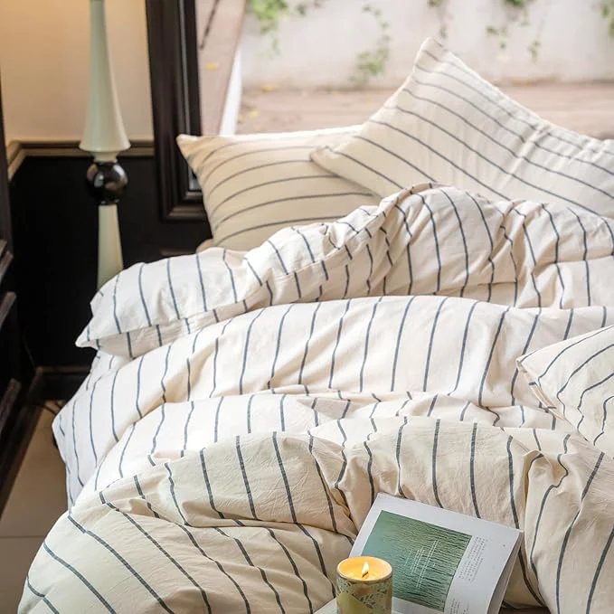 Original Design LifeTB Striped Duvet Cover Set Queen Washed Cotton Beige Duvet Cover with Grey Stripes Pattern Printed Comforter Cover 3 Pieces Striped Bedding Queen Comforter Cover with Zipper Closure Fast