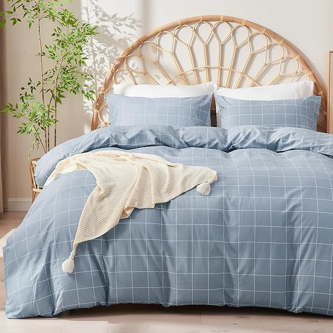 Minimalist JELLYMONI Natural Cotton 3pcs Plaid Duvet Cover Sets Checkered Full Comforter Cover 1 Duvet Cover and 2 Pillow Cases with Zipper Closure amp Corner Ties Grayish Blue Modern
