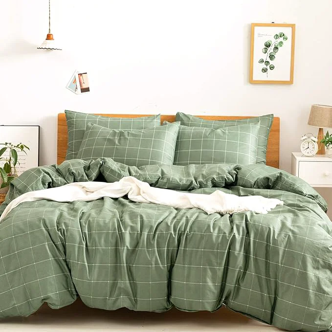 Responsible JELLYMONI Natural Cotton 3pcs Plaid Duvet Cover Sets Green with White Grid Geometric Pattern Printed Comforter Cover with Zipper Closure amp Corner Ties Queen Size Versatile