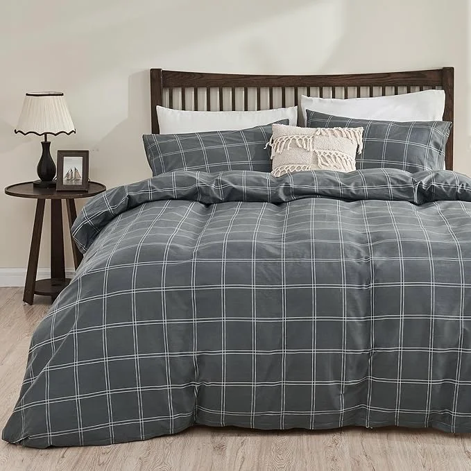 First-Class JELLYMONI Natural Cotton Full Duvet Cover Set 3pcs Plaid Duvet Cover Sets with Zipper Closure Grid Geometric Pattern Comforter Cover Dark Grey Relaxed