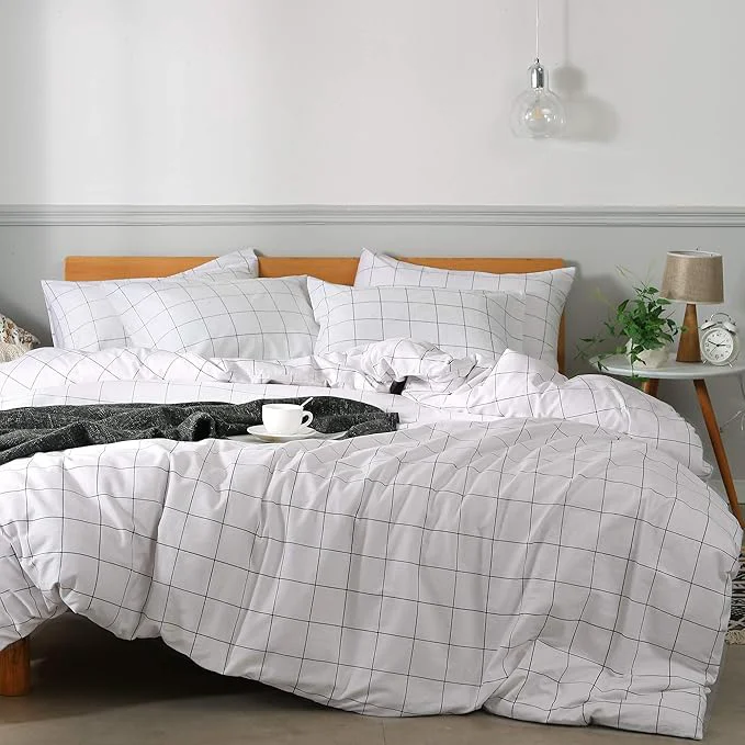 Elegant JELLYMONI Natural Cotton 3pcs Plaid Duvet Cover Sets White with Black Grid Geometric Pattern Printed Comforter Cover with Zipper Closure amp Corner Ties Queen Size Contemporary