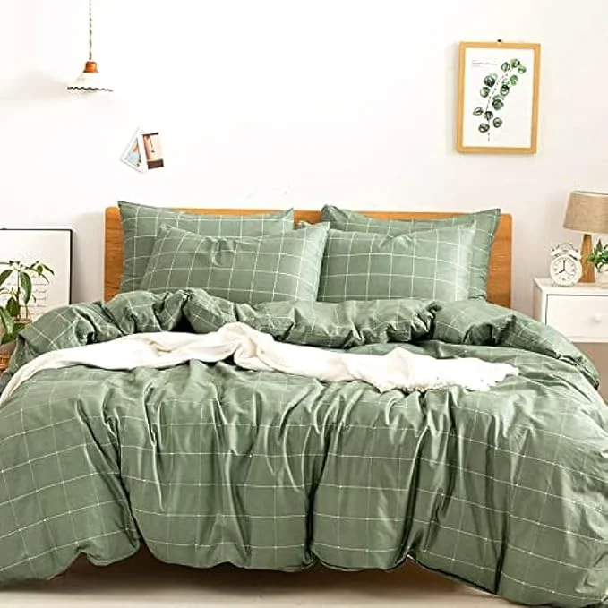Outstanding JELLYMONI Natural Cotton 2pcs Plaid Duvet Cover Sets Green with White Grid Geometric Pattern Printed Comforter Cover with Zipper Closure amp Corner Ties Twin 66×92 Easy-to-Use