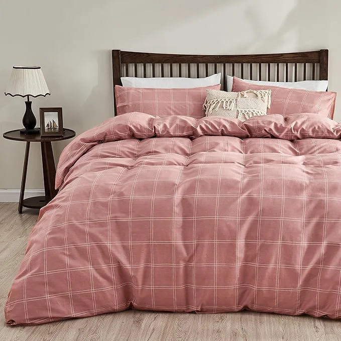 Consistent JELLYMONI Natural Cotton King Duvet Cover Set 3pcs Plaid Duvet Cover Sets with Zipper Closure Grid Geometric Pattern Comforter Cover Pink Unique