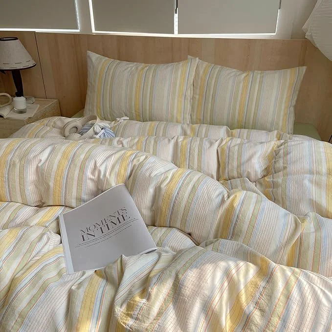 Recyclable Yellow Striped Duvet Cover Twin Washed Cotton Colorful Stripes Pattern Printed Bedding Set 3 Pieces Soft Breathable Comforter Cover with Zipper Closure Retro Striped Farmhouse Bedding Set Convenient